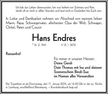 Traueranzeige von Hans Endres von Gesamtausgabe Nürnberger Nachrichten/ Nürnberger Ztg.