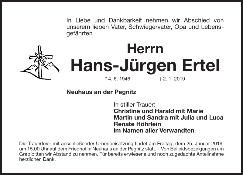  Traueranzeige für Hans-Jürgen Ertel vom 22.01.2019 aus Nordbayerische Nachrichten Pegnitz Lokal