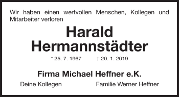 Traueranzeige von Harald Hermannstädter von Gesamtausgabe Nürnberger Nachrichten/ Nürnberger Ztg.