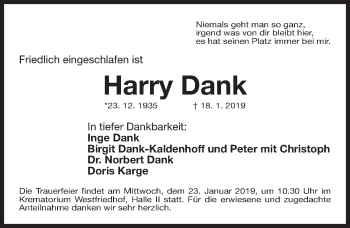 Traueranzeige von Harry Dank von Gesamtausgabe Nürnberger Nachrichten/ Nürnberger Ztg.