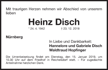 Traueranzeige von Heinz Disch von Gesamtausgabe Nürnberger Nachrichten/ Nürnberger Ztg.