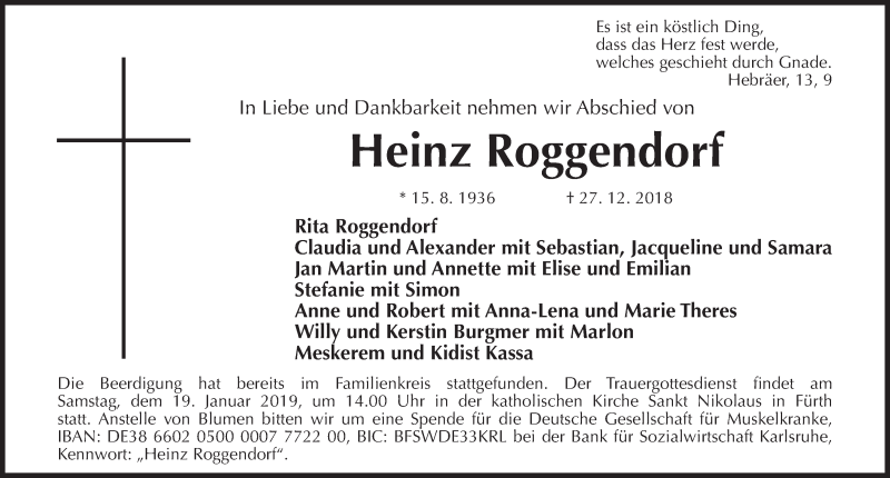  Traueranzeige für Heinz Roggendorf vom 05.01.2019 aus Gesamtausgabe Nürnberger Nachrichten/ Nürnberger Ztg./ Fürther Nachrichten