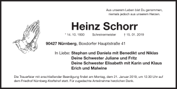 Traueranzeige von Heinz Schorr von Gesamtausgabe Nürnberger Nachrichten/ Nürnberger Ztg.