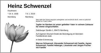 Traueranzeige von Heinz Schwenzel von Gesamtausgabe Nürnberger Nachrichten/ Nürnberger Ztg.