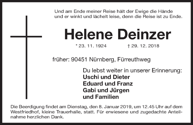  Traueranzeige für Helene Deinzer vom 05.01.2019 aus Gesamtausgabe Nürnberger Nachrichten/ Nürnberger Ztg.