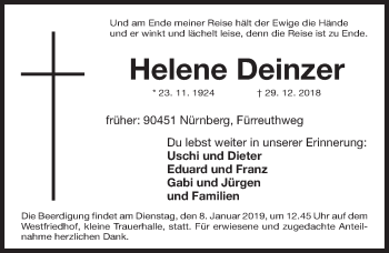 Traueranzeige von Helene Deinzer von Gesamtausgabe Nürnberger Nachrichten/ Nürnberger Ztg.