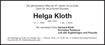 Traueranzeige von Helga Kloth von Gesamtausgabe Nürnberger Nachrichten/ Nürnberger Ztg.