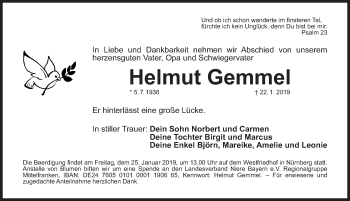 Traueranzeige von Helmut Gemmel von Gesamtausgabe Nürnberger Nachrichten/ Nürnberger Ztg.