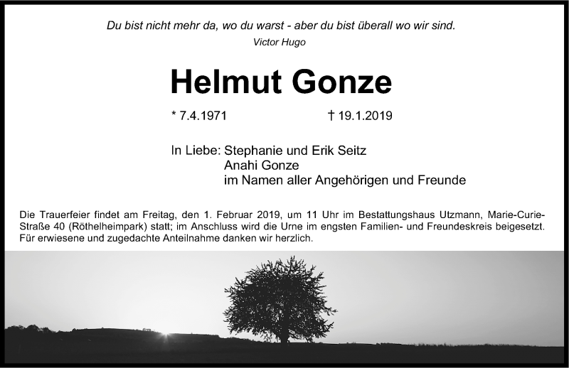  Traueranzeige für Helmut Gonze vom 26.01.2019 aus Erlanger Nachrichten Lokal