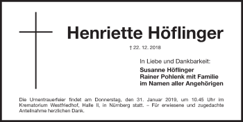 Traueranzeige von Henriette Höflinger von Gesamtausgabe Nürnberger Nachrichten/ Nürnberger Ztg.