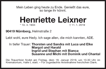 Traueranzeige von Henriette Leixner von Gesamtausgabe Nürnberger Nachrichten/ Nürnberger Ztg.