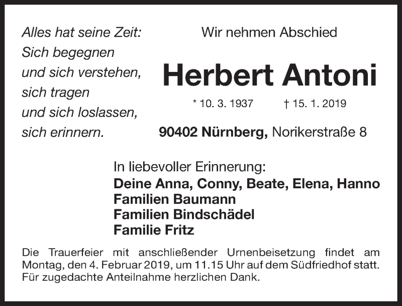  Traueranzeige für Herbert Antoni vom 26.01.2019 aus Gesamtausgabe Nürnberger Nachrichten/ Nürnberger Ztg.