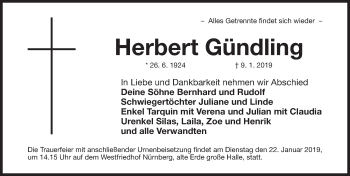 Traueranzeige von Herbert Gündling von Gesamtausgabe Nürnberger Nachrichten/ Nürnberger Ztg.