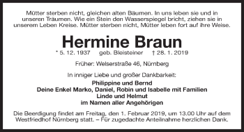 Traueranzeige von Hermine Braun von Gesamtausgabe Nürnberger Nachrichten/ Nürnberger Ztg.