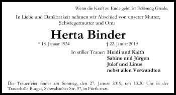 Traueranzeige von Herta Binder von Gesamtausgabe Nürnberger Nachrichten/ Nürnberger Ztg.