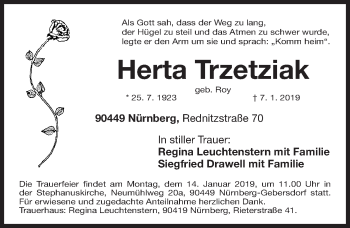 Traueranzeige von Herta Trzetziak von Gesamtausgabe Nürnberger Nachrichten/ Nürnberger Ztg.
