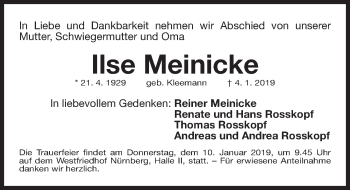 Traueranzeige von Ilse Meinicke von Gesamtausgabe Nürnberger Nachrichten/ Nürnberger Ztg.