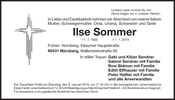 Traueranzeige von Ilse Sommer von Gesamtausgabe Nürnberger Nachrichten/ Nürnberger Ztg.