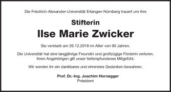 Traueranzeige von Ilse Marie Zwicker von Gesamtausgabe Nürnberger Nachrichten/ Nürnberger Ztg.