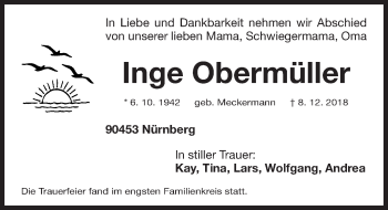Traueranzeige von Inge Obermüller von Gesamtausgabe Nürnberger Nachrichten/ Nürnberger Ztg.