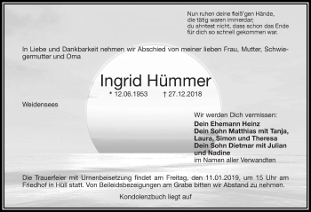 Traueranzeige von Ingrid Hümmer von Nordbayerische Nachrichten Pegnitz Lokal