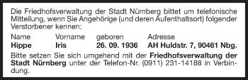 Traueranzeige von Iris Hippe von Gesamtausgabe Nürnberger Nachrichten/ Nürnberger Ztg.