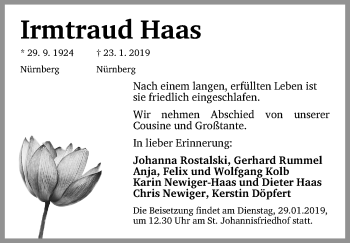 Traueranzeige von Irmtraud Haas von Gesamtausgabe Nürnberger Nachrichten/ Nürnberger Ztg.