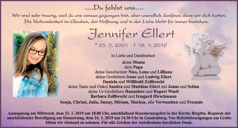  Traueranzeige für Jennifer Ellert vom 22.01.2019 aus Neumarkter Nachrichten Lokal