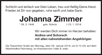 Traueranzeige von Johanna Zimmer von Gesamtausgabe Nürnberger Nachrichten/ Nürnberger Ztg.