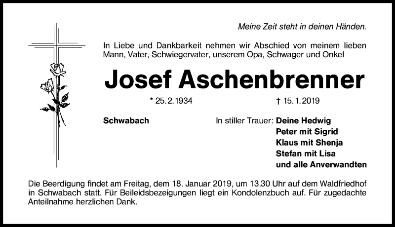  Traueranzeige für Josef Aschenbrenner vom 17.01.2019 aus Schwabach