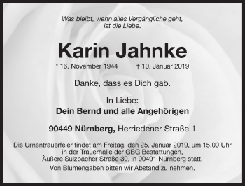 Traueranzeige von Karin Jahnke von Gesamtausgabe Nürnberger Nachrichten/ Nürnberger Ztg.
