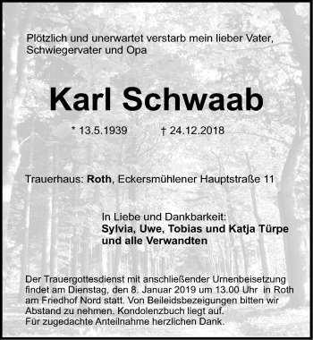 Traueranzeige von Karl Schwaab von Roth-Hilpoltsteiner Volkszeitung Lokal