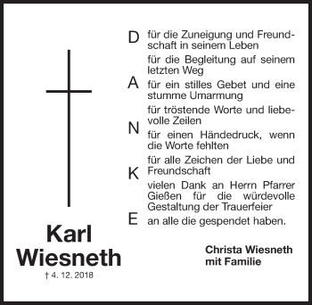 Traueranzeige von Karl Wiesneth von Gesamtausgabe Nürnberger Nachrichten/ Nürnberger Ztg.