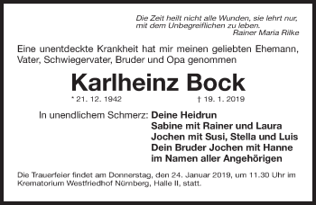 Traueranzeige von Karlheinz Bock von Gesamtausgabe Nürnberger Nachrichten/ Nürnberger Ztg.