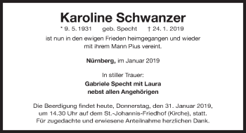 Traueranzeige von Karoline Schwanzer von Gesamtausgabe Nürnberger Nachrichten/ Nürnberger Ztg.