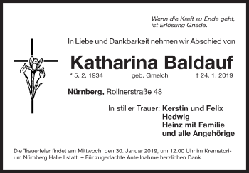 Traueranzeige von Katharina Baldauf von Gesamtausgabe Nürnberger Nachrichten/ Nürnberger Ztg.