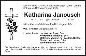 Traueranzeige von Katharina Janousch von Gesamtausgabe Nürnberger Nachrichten/ Nürnberger Ztg.