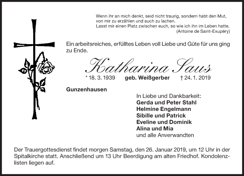  Traueranzeige für Katharina Saus vom 25.01.2019 aus Altmühl-Bote Lokal
