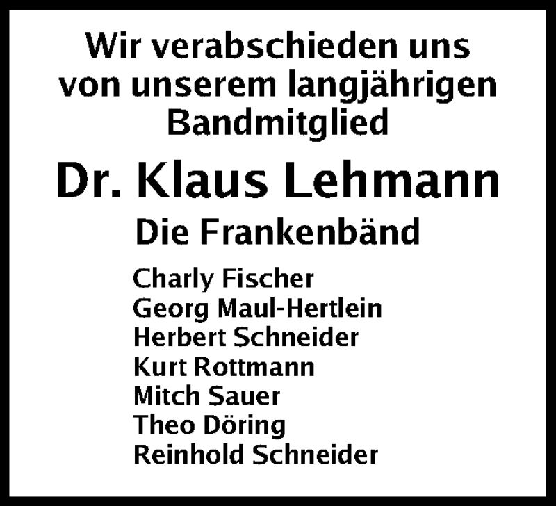  Traueranzeige für Klaus Lehmann vom 11.01.2019 aus Gesamtausgabe Nürnberger Nachrichten/ Nürnberger Ztg.