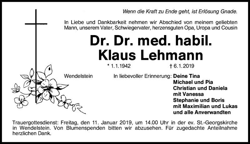  Traueranzeige für Klaus Lehmann vom 09.01.2019 aus Schwabach