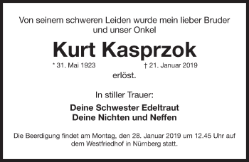 Traueranzeige von Kurt Kasprzok von Gesamtausgabe Nürnberger Nachrichten/ Nürnberger Ztg.