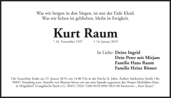 Traueranzeige von Kurt Raum von Gesamtausgabe Nürnberger Nachrichten/ Nürnberger Ztg.
