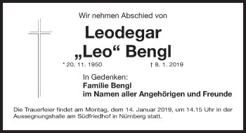 Traueranzeige von Leo Bengl von Gesamtausgabe Nürnberger Nachrichten/ Nürnberger Ztg.