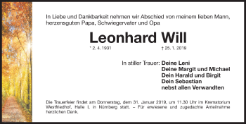 Traueranzeige von Leonhard Will von Gesamtausgabe Nürnberger Nachrichten/ Nürnberger Ztg.