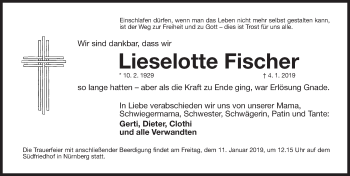 Traueranzeige von Lieselotte Fischer von Gesamtausgabe Nürnberger Nachrichten/ Nürnberger Ztg.