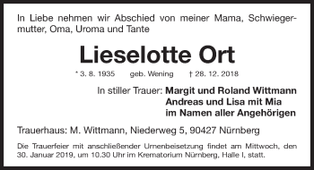 Traueranzeige von Lieselotte Ort von Gesamtausgabe Nürnberger Nachrichten/ Nürnberger Ztg.