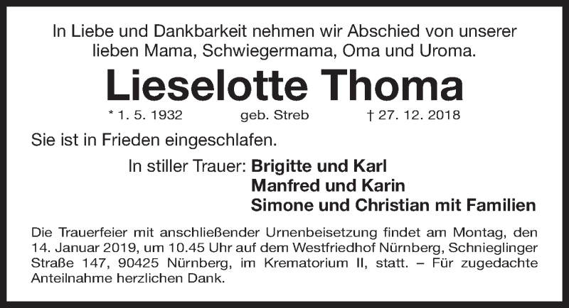  Traueranzeige für Lieselotte Thoma vom 09.01.2019 aus Gesamtausgabe Nürnberger Nachrichten/ Nürnberger Ztg.