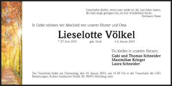 Traueranzeige von Lieselotte Völkel von Gesamtausgabe Nürnberger Nachrichten/ Nürnberger Ztg.