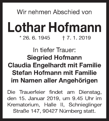 Traueranzeige von Lothar Hofmann von Gesamtausgabe Nürnberger Nachrichten/ Nürnberger Ztg.