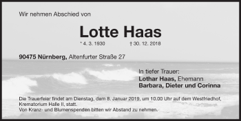 Traueranzeige von Lotte Haas von Gesamtausgabe Nürnberger Nachrichten/ Nürnberger Ztg.